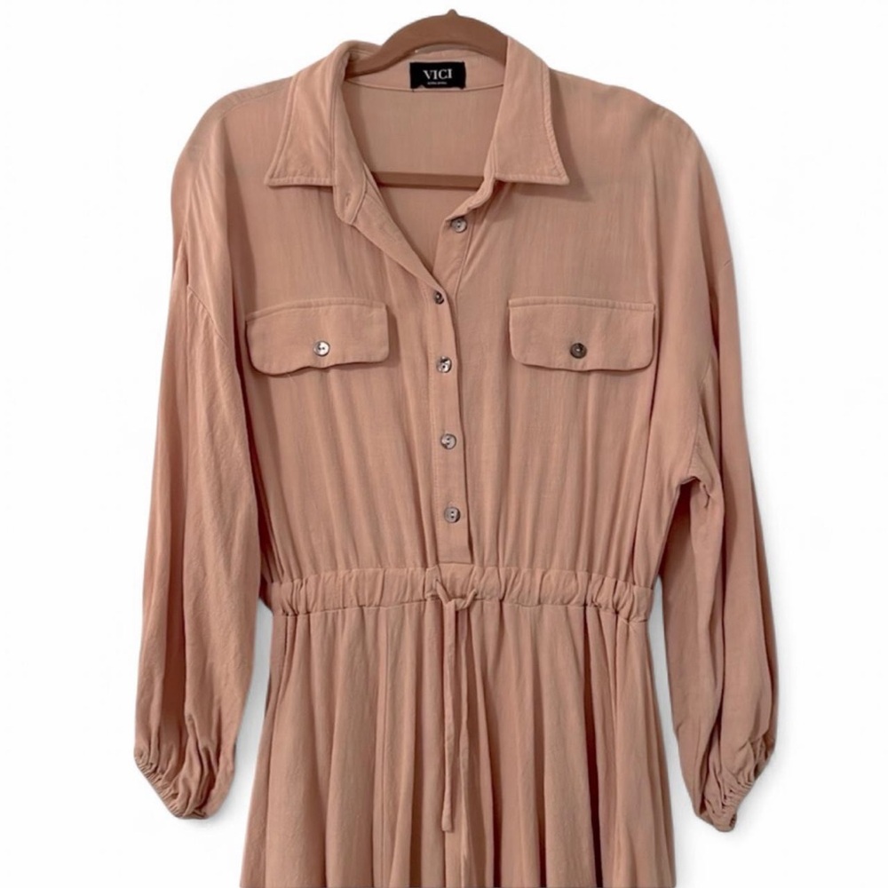 Vici Beige Tan Linen Drawstring Shirt Dress XS - Picture 4 of 12